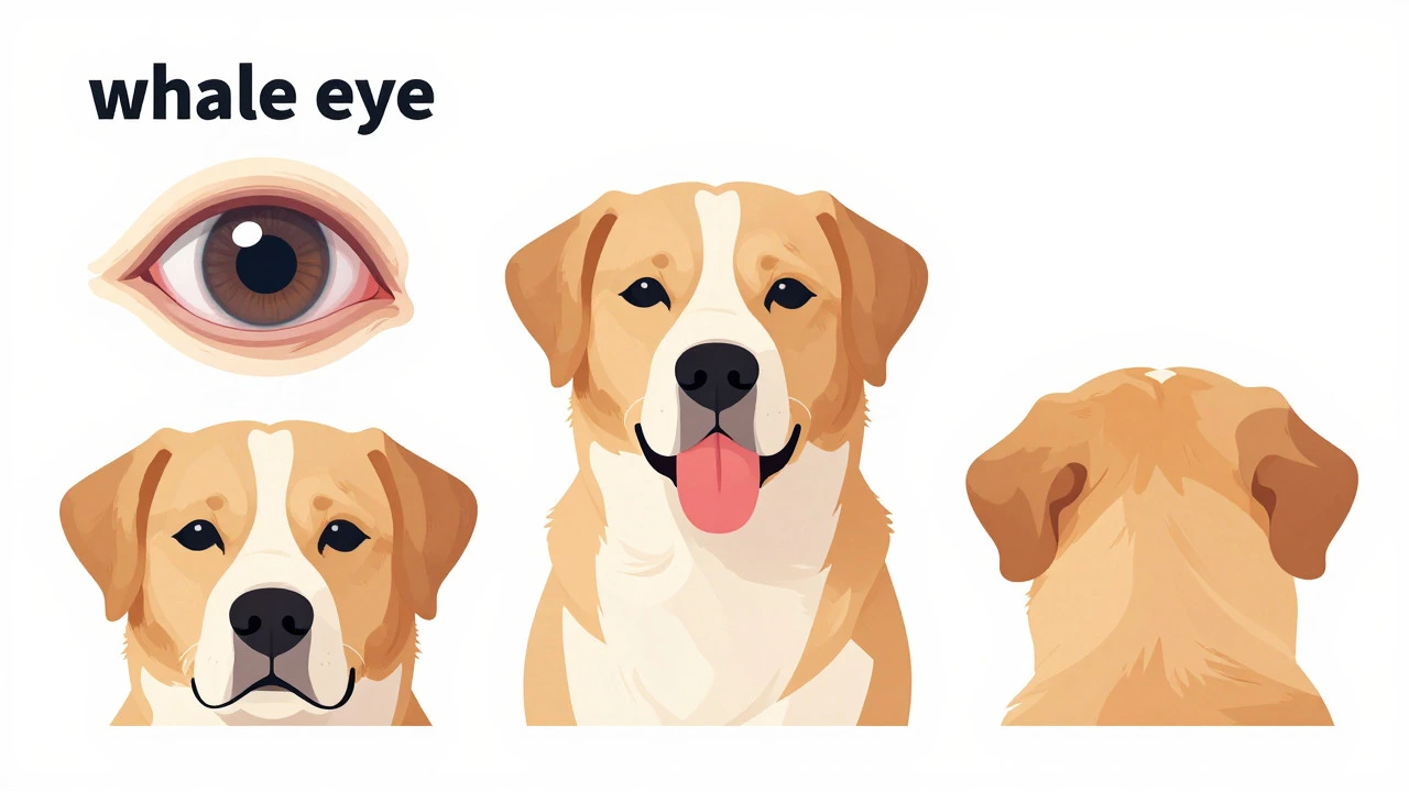 Illustration of dog stress signals like whale eye and lip licking