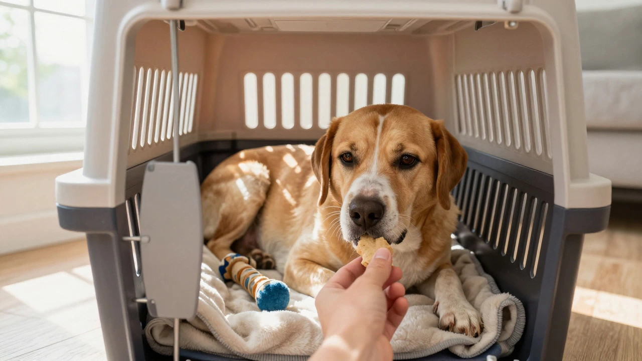 Large dog relaxing in travel crate during home acclimation training