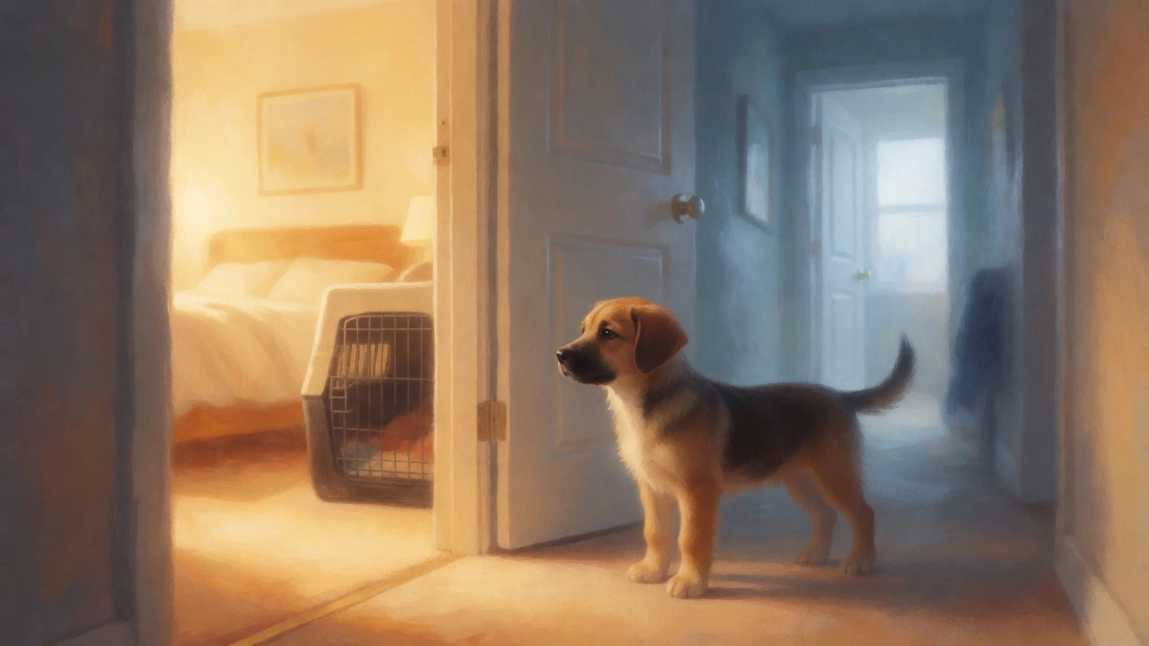 Puppy standing in a hallway looking back at an open bedroom door