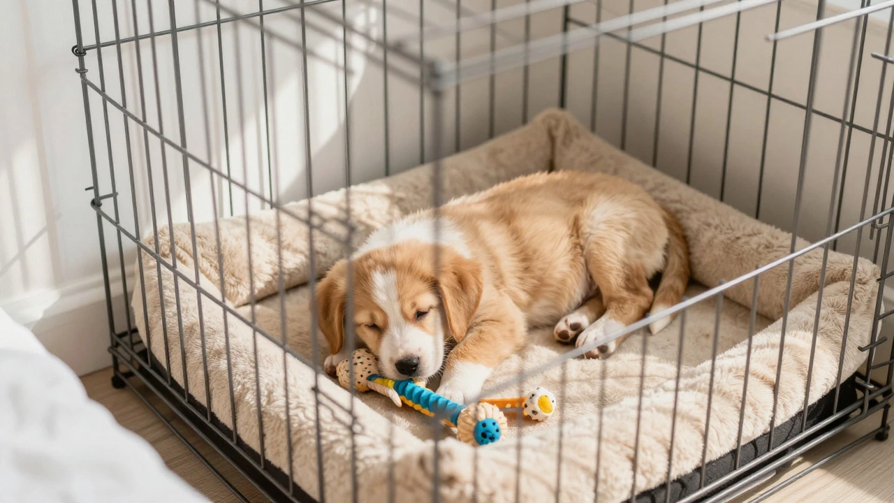 Resting puppy inside a cozy dog crate