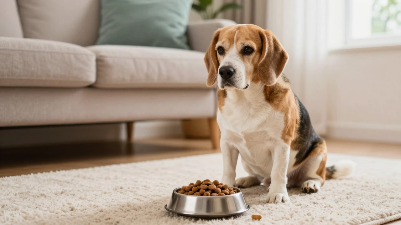 Senior Beagle sitting indoors next to a bowl of food