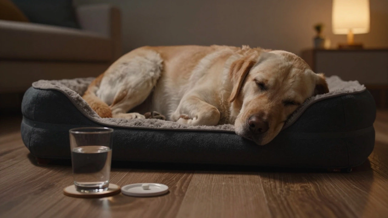 Senior dog sleeping peacefully with a melatonin tablet nearby