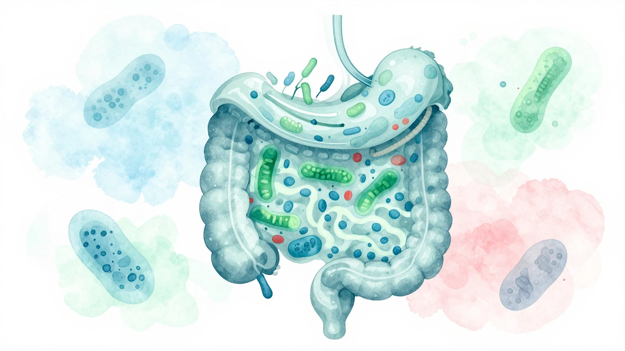 Watercolor illustration of beneficial bacteria inside a dog's digestive system