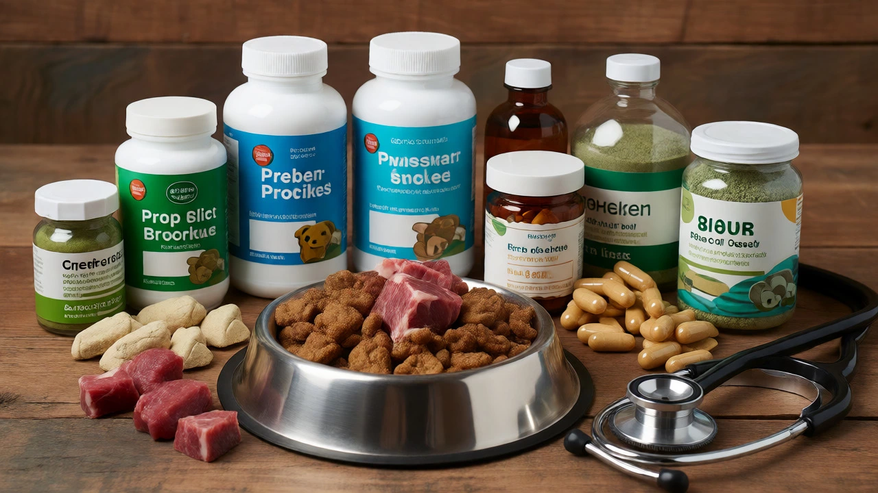 Assorted dog supplements and raw food bowl on wooden table