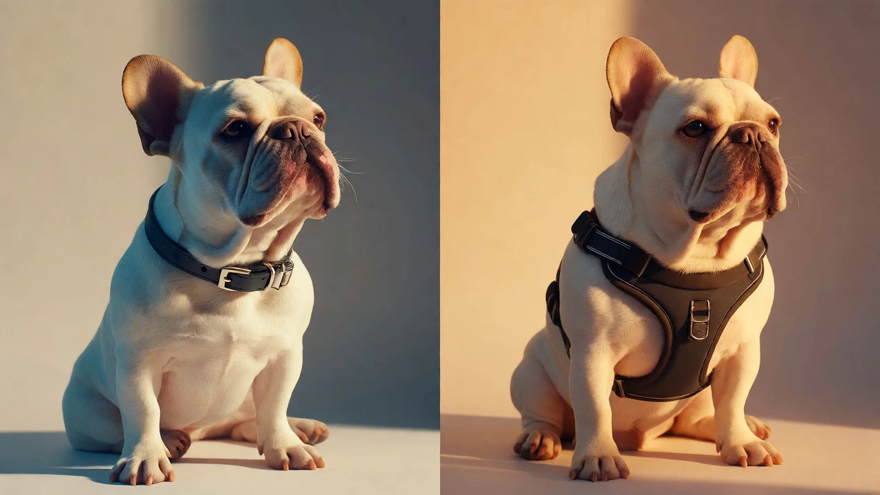 Comparison of a French Bulldog with a collar versus a comfortable harness