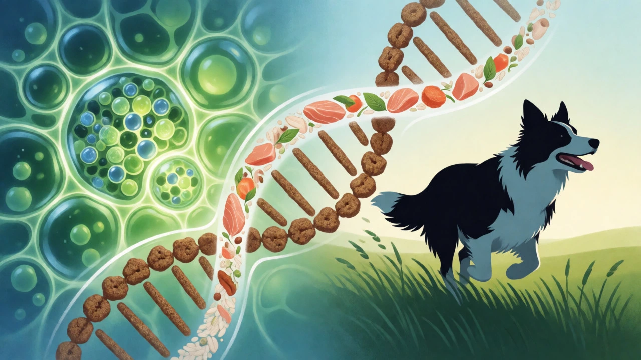 Conceptual illustration linking scientific nutrition data to a healthy, active dog.