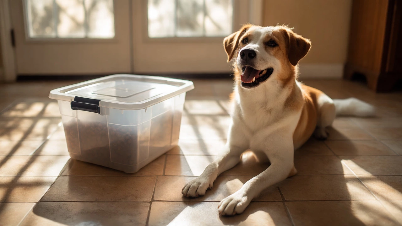 Content dog resting beside a closed bulk food storage container in sunlight.