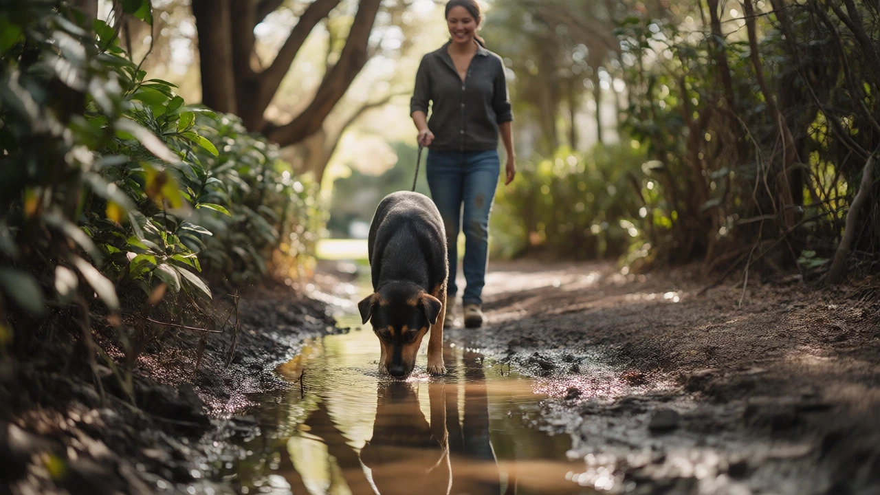 Dog exploring muddy trail highlighting environmental disease risks