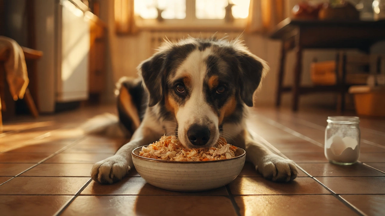 Happy dog eating affordable homemade rice and chicken dinner