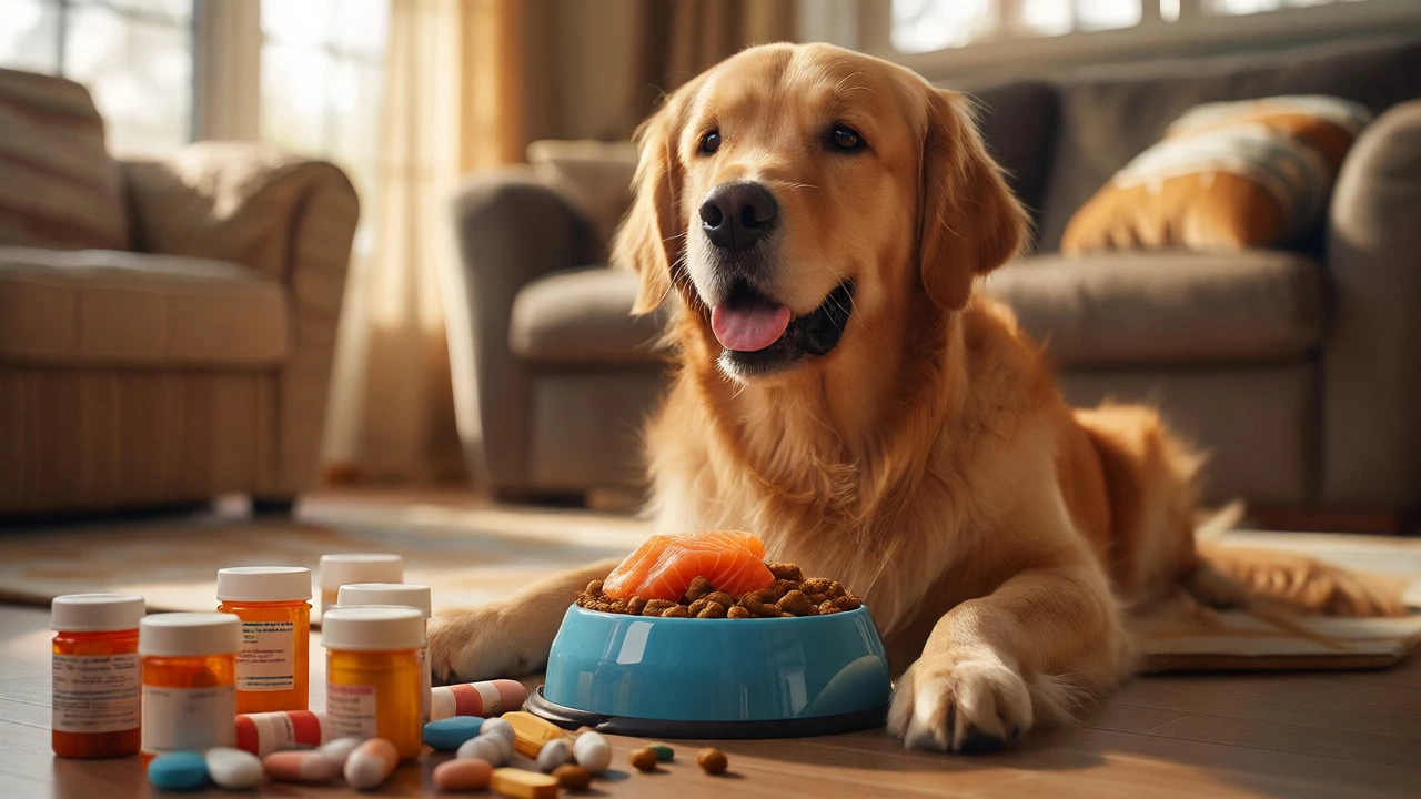Happy Golden Retriever next to a bowl of healthy food, ignoring scattered pill bottles.