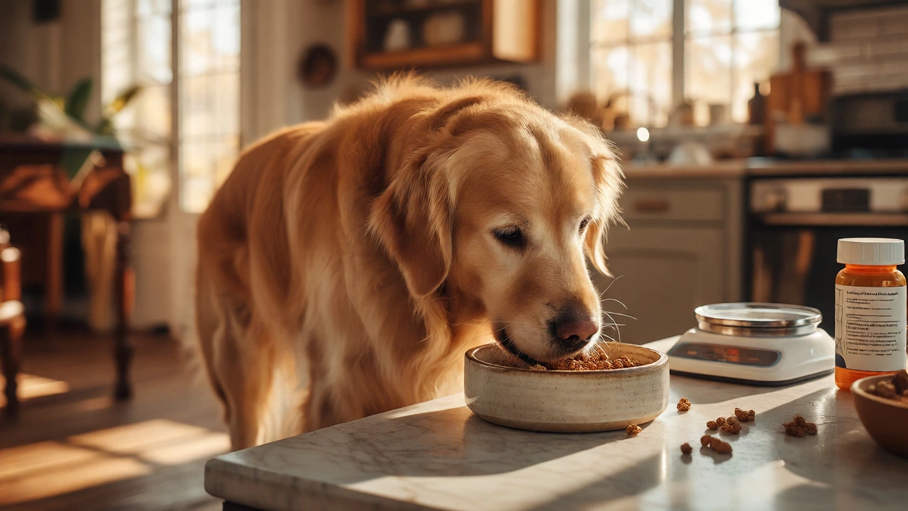 Healthy dog eating measured food in a bright kitchen setting
