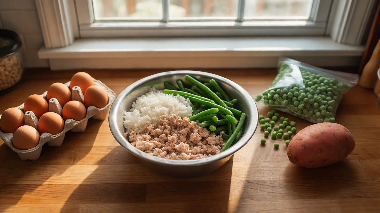 Healthy homemade dog meal with turkey, rice, and veggies on counter