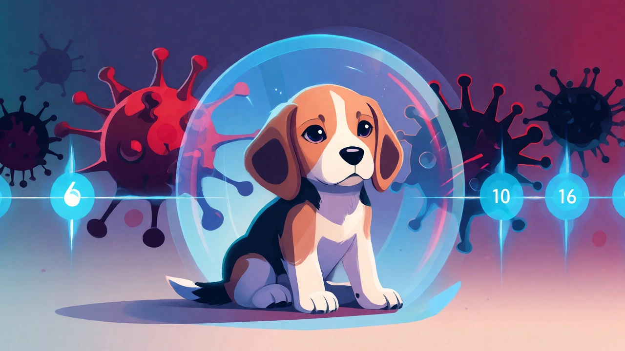 Illustration of a puppy protected by a glowing immune shield against virus particles.