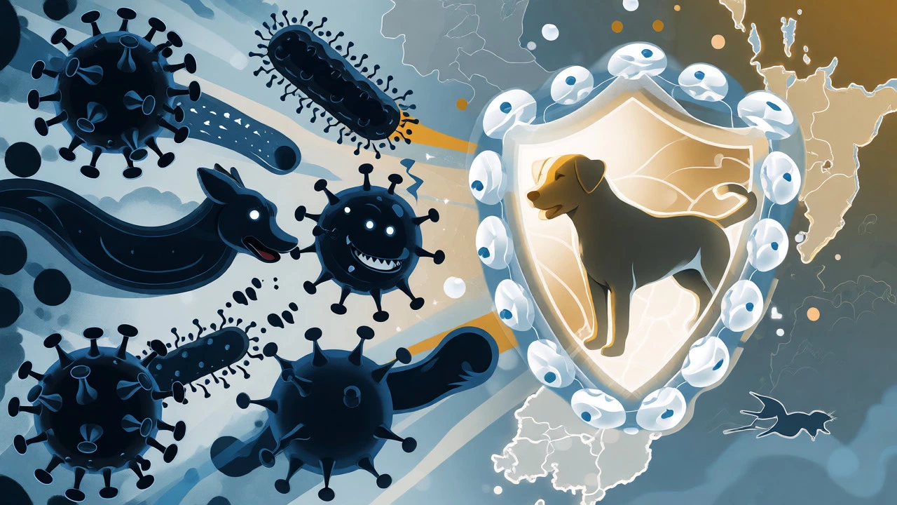Illustration of immune system shielding dog from pathogens