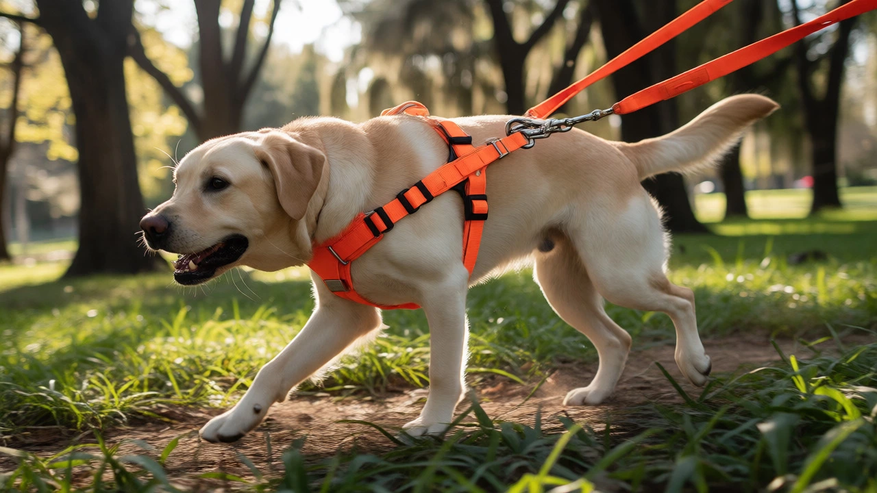 Labrador wearing an orange front-clip harness while walking in a park