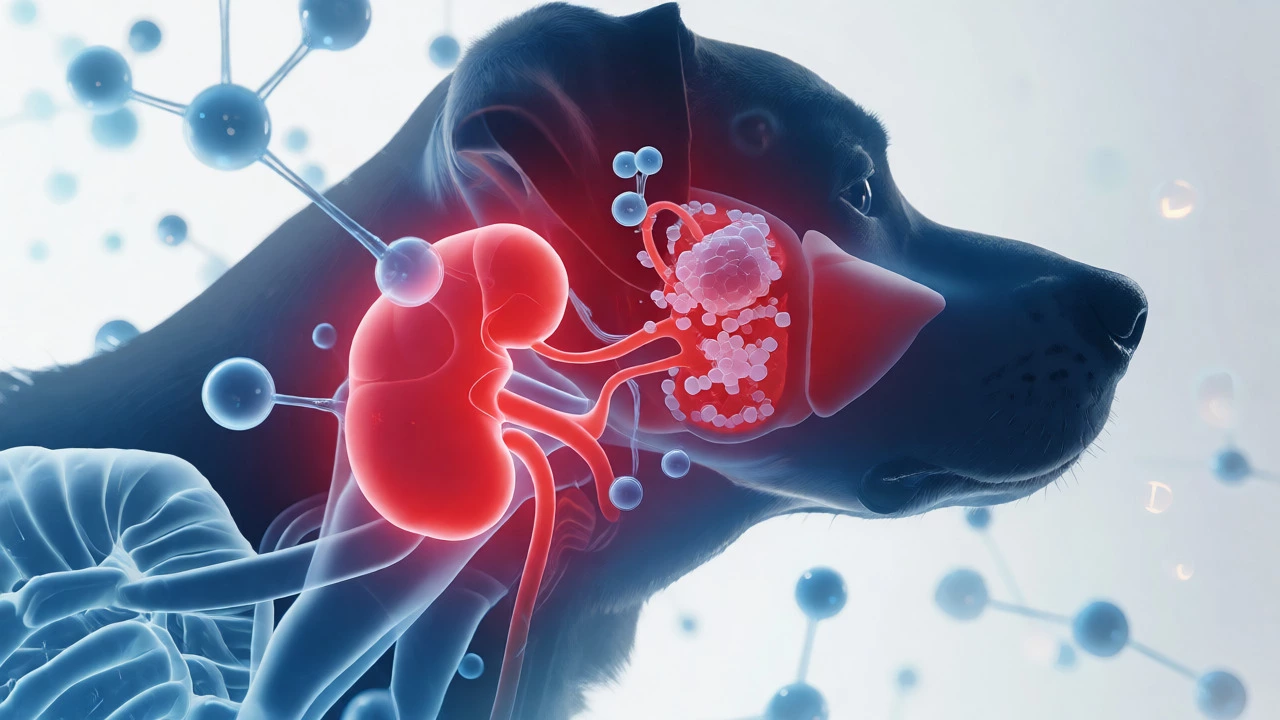 Medical illustration of a dog's kidneys and liver showing signs of Vitamin D toxicity.