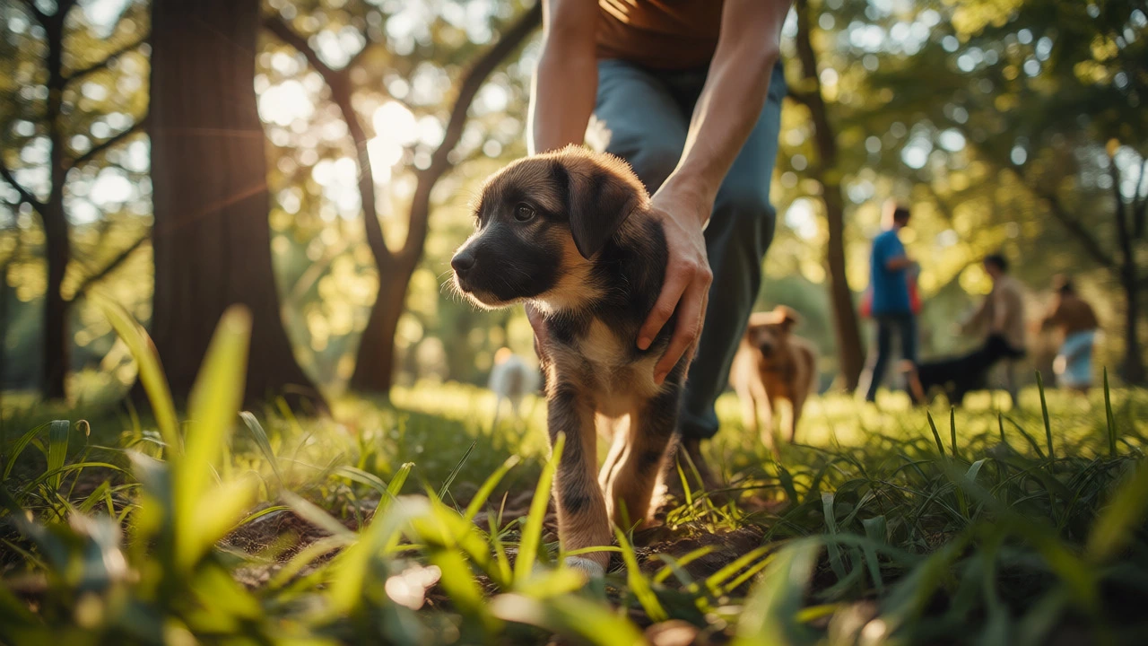 Owner carrying a curious puppy during a safe outdoor socialization walk in a park.