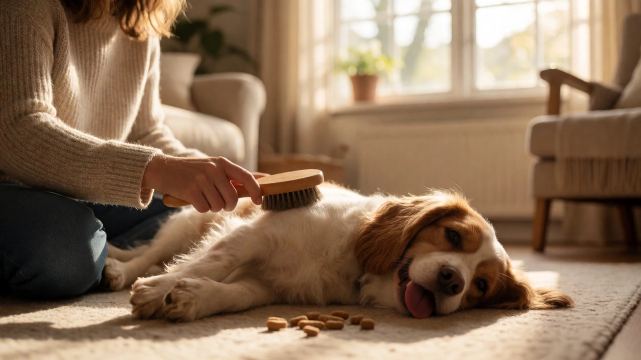 Owner gently brushing a happy, relaxed dog in a sunny living room