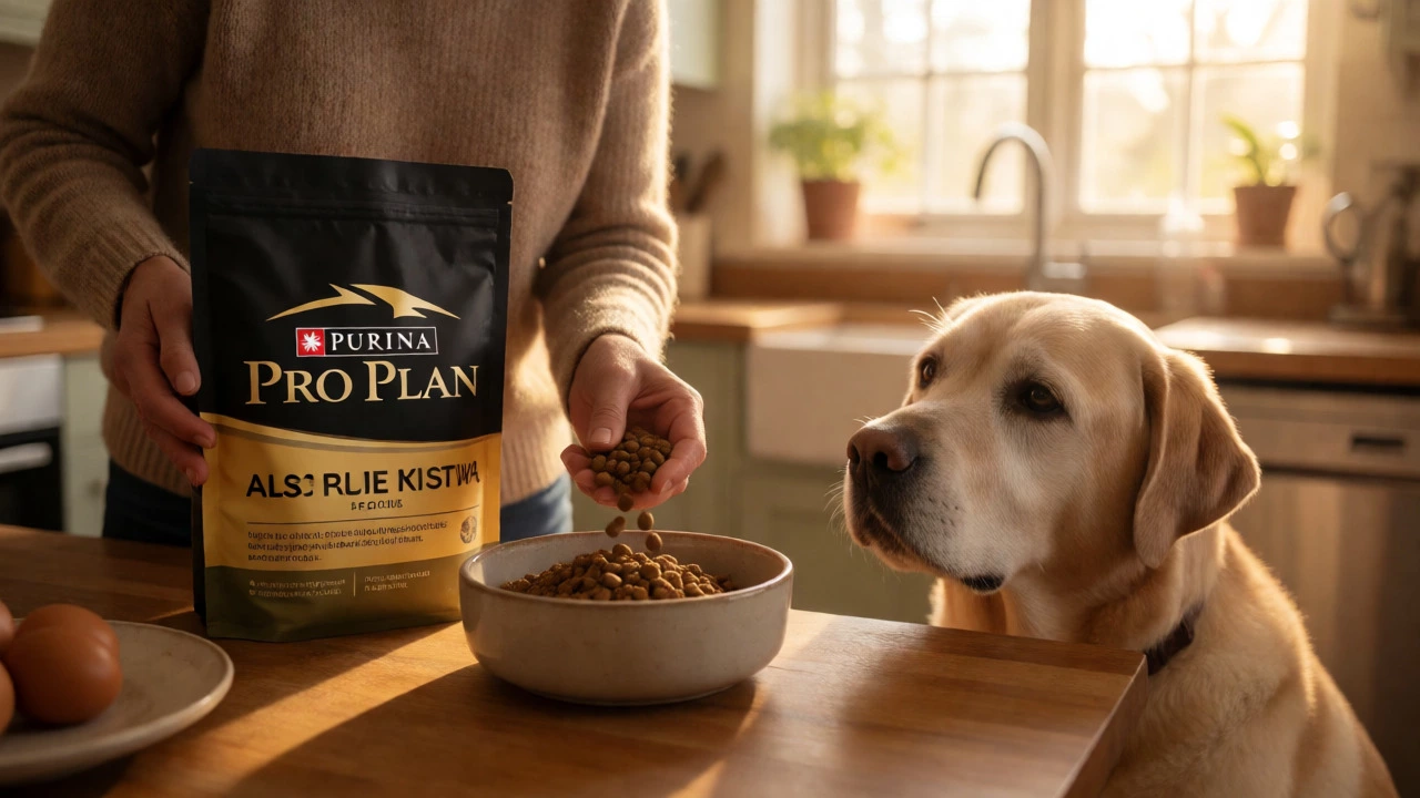 Owner preparing vet-recommended kibble for a healthy senior Labrador in a sunny kitchen.