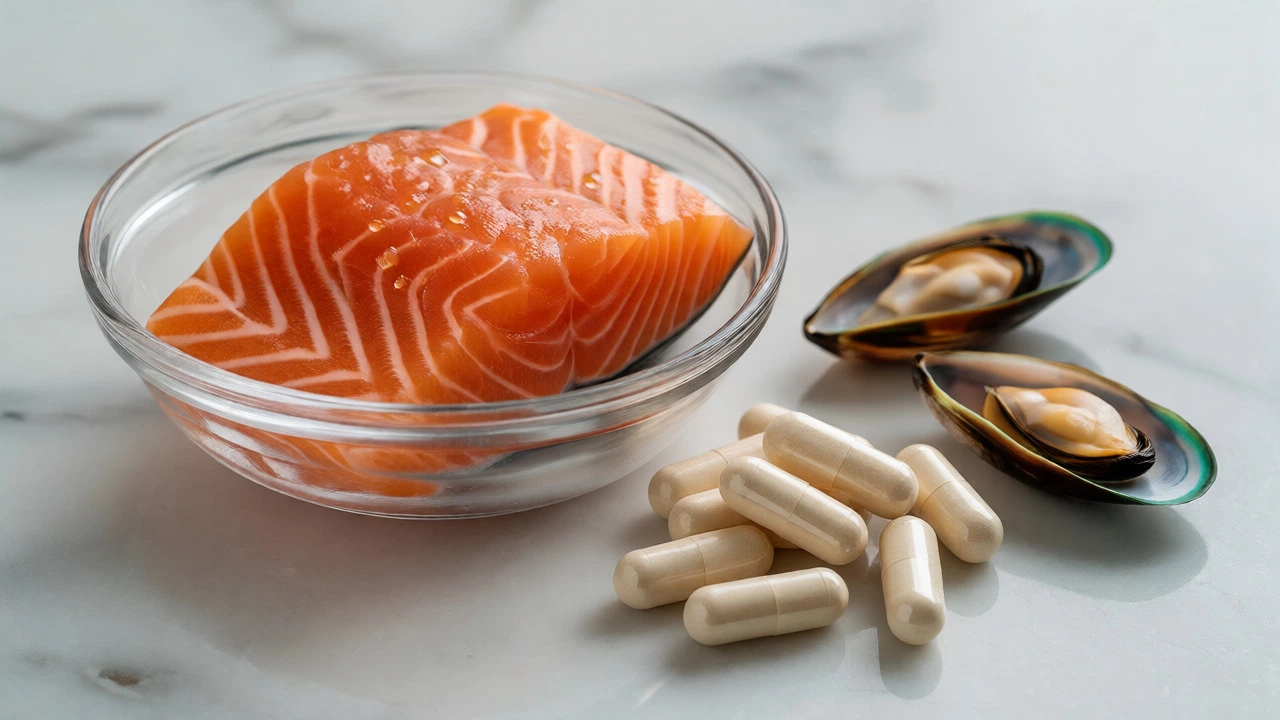 Salmon, probiotics, and mussels on counter