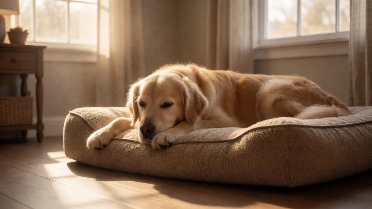 Senior dog waking stiffly from an orthopedic bed