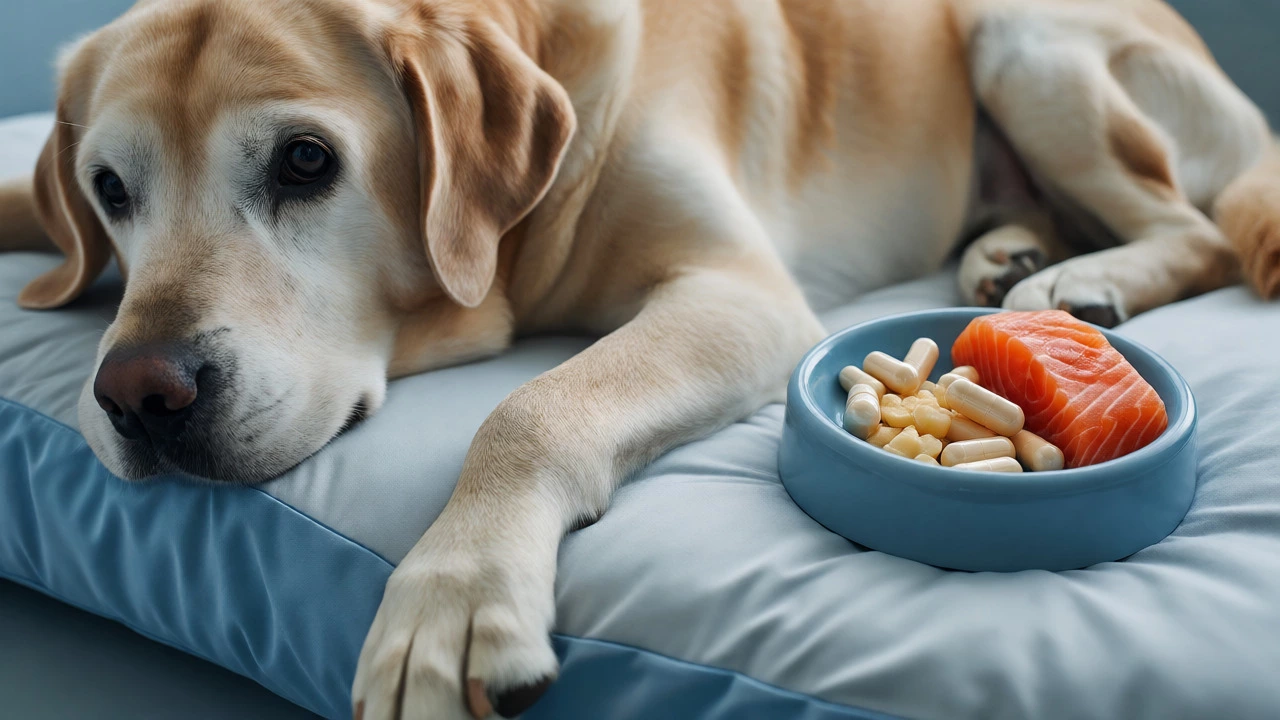 Senior labrador with joint supplements and fish oil nearby