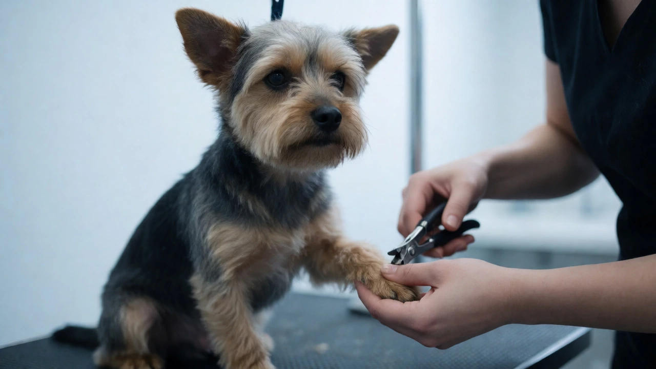 Small dog whining and trembling during nail trimming at a salon