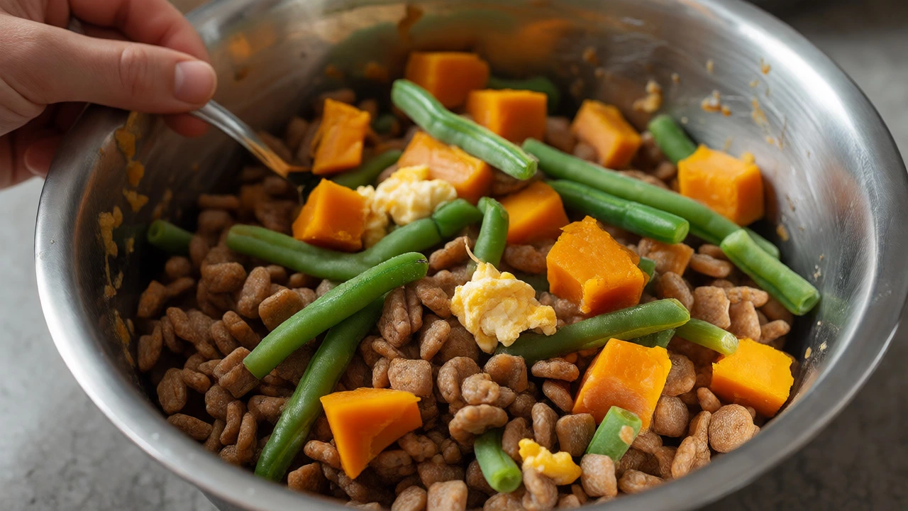 Stainless steel bowl with kibble mixed with pumpkin, eggs, and green beans.
