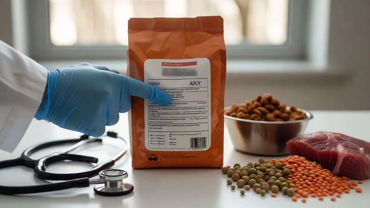 Vet examining dog food label ingredients and nutritional markers