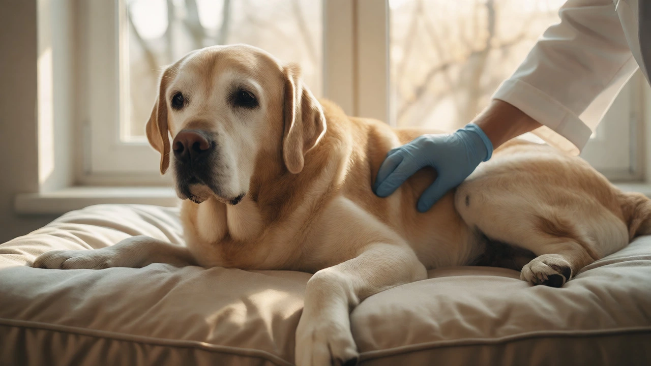 Vet examining senior dog for joint pain