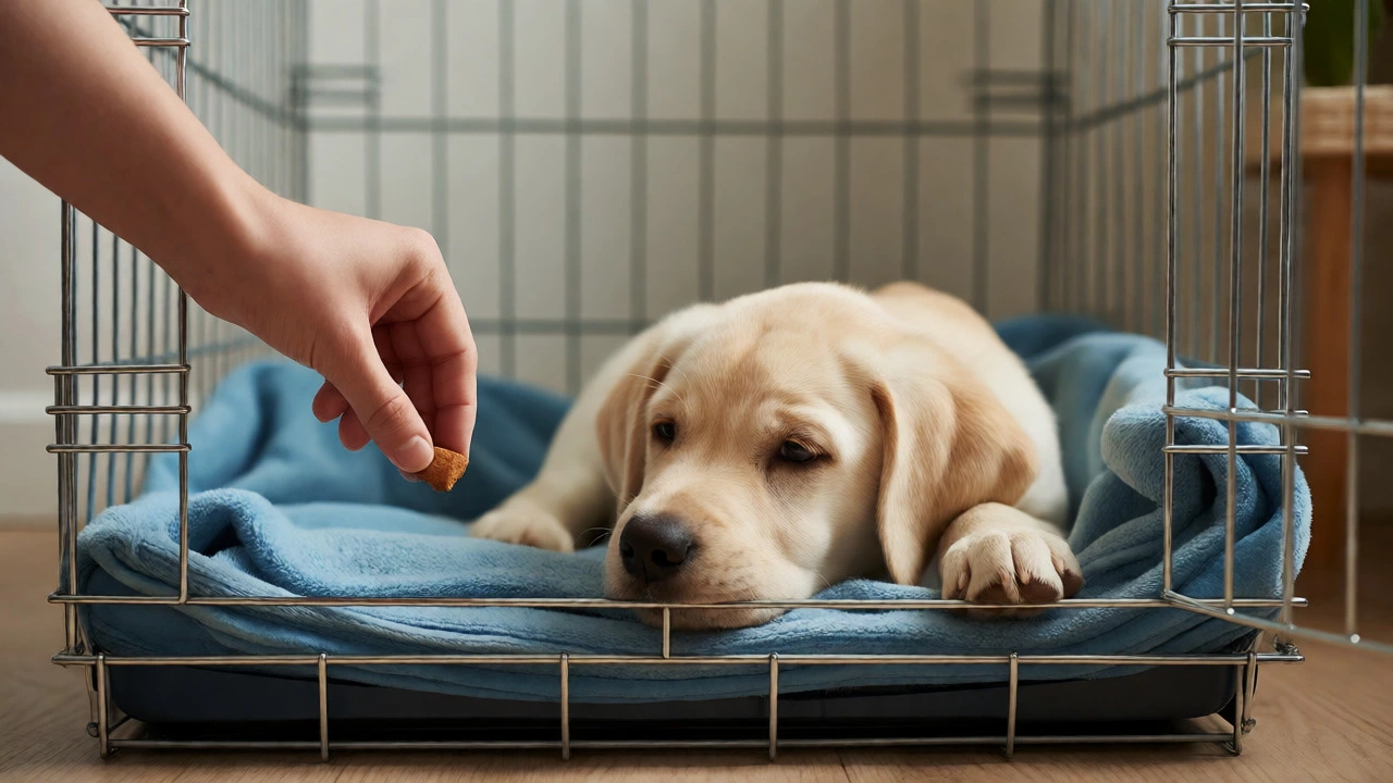 A drowsy puppy being lured into a comfortable crate with a treat by an owner.