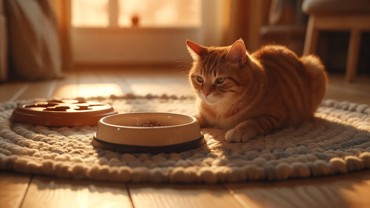 A senior orange tabby cat resting calmly beside a shallow food dish.