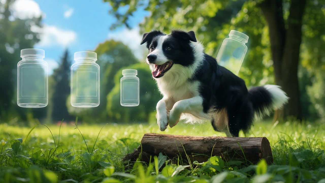 Active Border Collie jumping in a park with fading supplement icons.