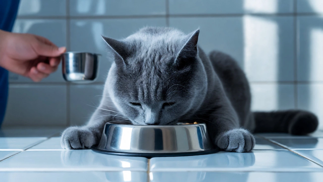 An adult British Shorthair cat eating from a steel bowl on a kitchen counter.