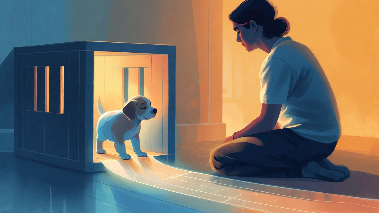 Artistic depiction of a puppy choosing to enter its crate, guided by a patient owner.