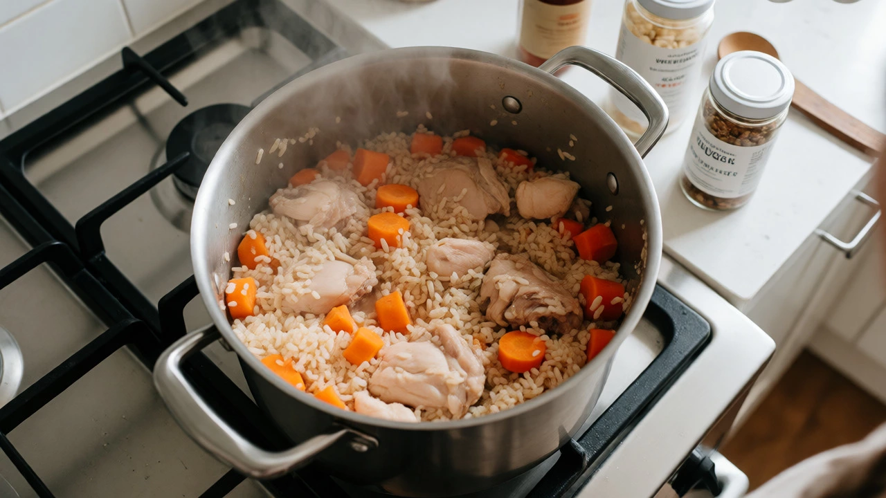 Batch cooking homemade dog food with chicken, rice, and veggies