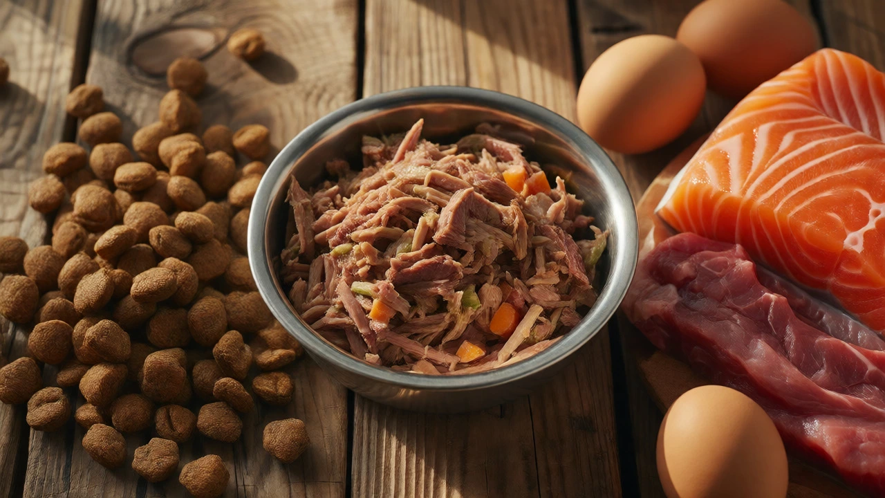 Close-up comparison of dry kibble, wet canned food, and raw meat ingredients for dogs.