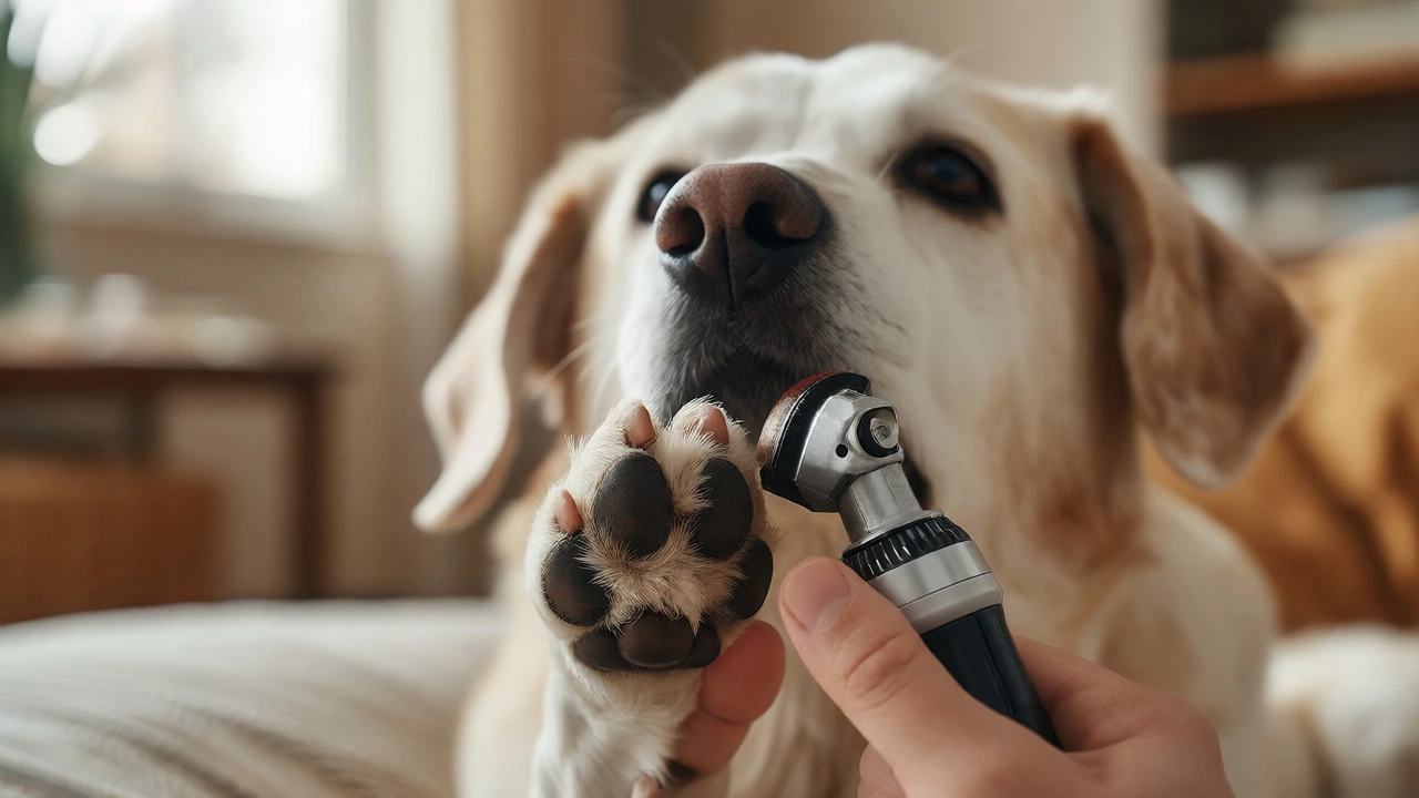 Close-up of a senior dog's paw receiving gentle nail grinding care