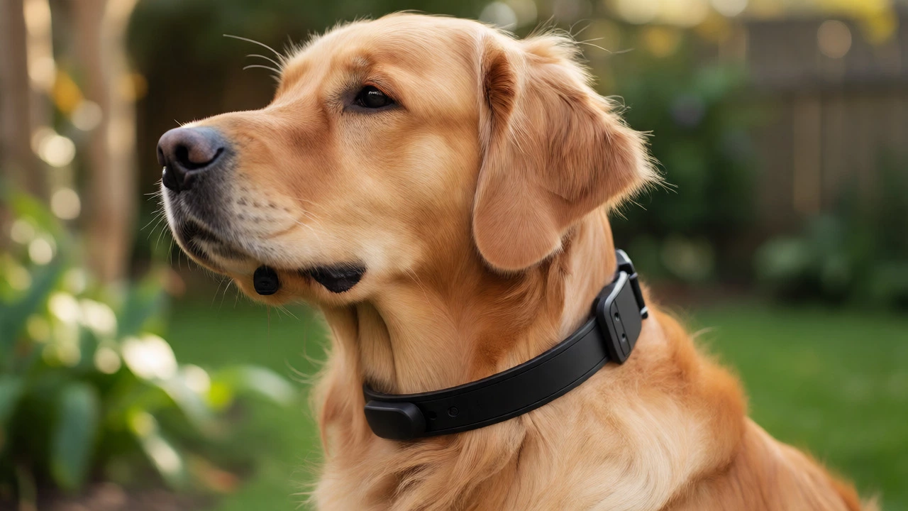 Close-up of humane citronella anti-bark collar on calm Golden Retriever
