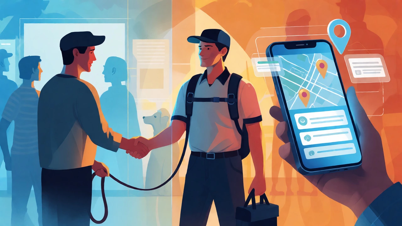 Conceptual art showing the balance between independent dog walking services and modern app-based platforms.