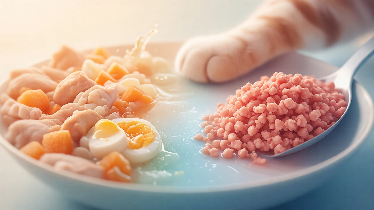 Conceptual blend of home-cooked food and cat food