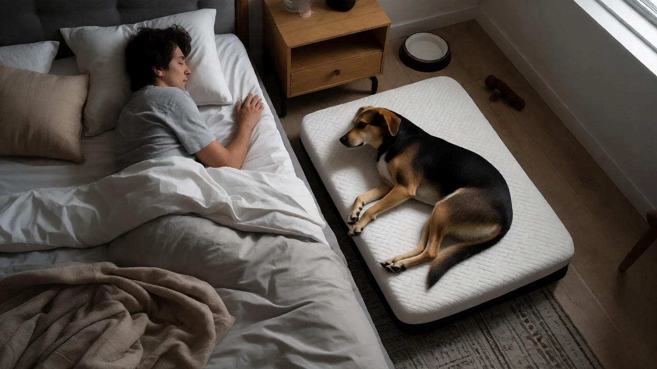 Dog resting on orthopedic bed beside owner's bed