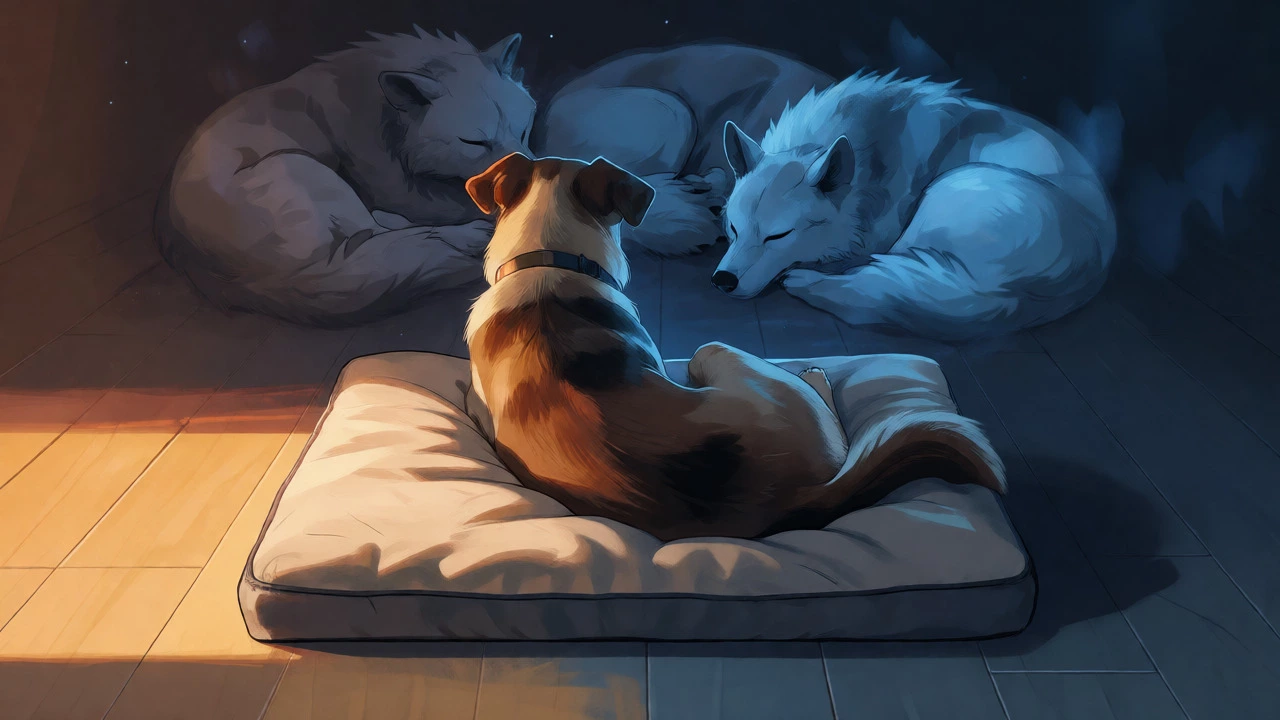 Dog sleeping with ancestral wolf pack imagery overlay