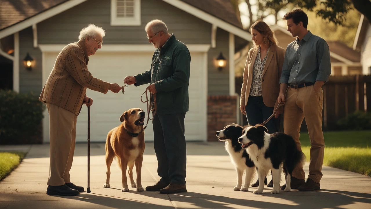 Dog walker assisting an elderly owner and a young couple with their pets in a suburban driveway.
