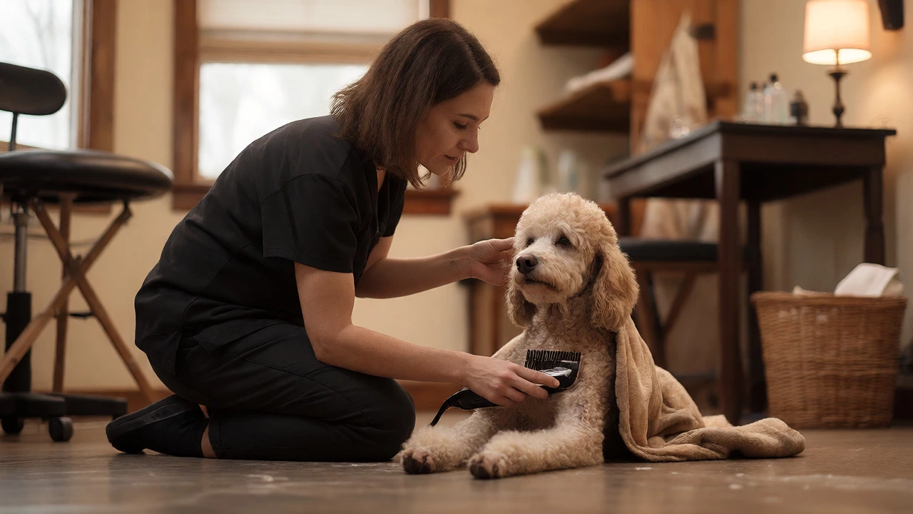 Groomer kneeling on the floor to safely trim a senior Poodle's fur