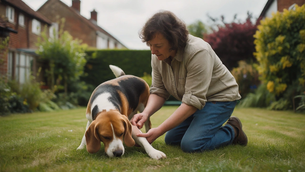 Owner checking a dog's injection site outdoors