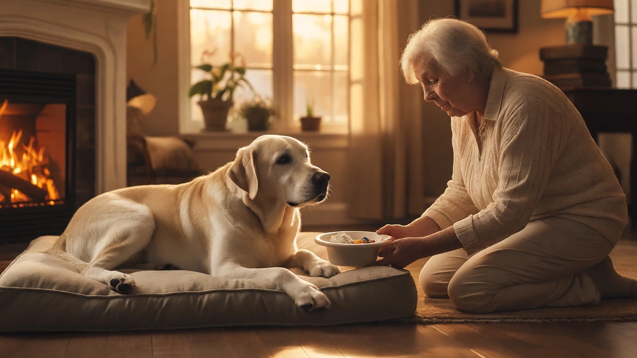 Owner feeding a senior Labrador a specialized diet in a cozy living room setting.