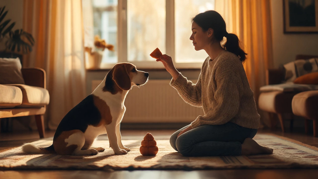 Owner rewarding silent Beagle with treat during quiet command training