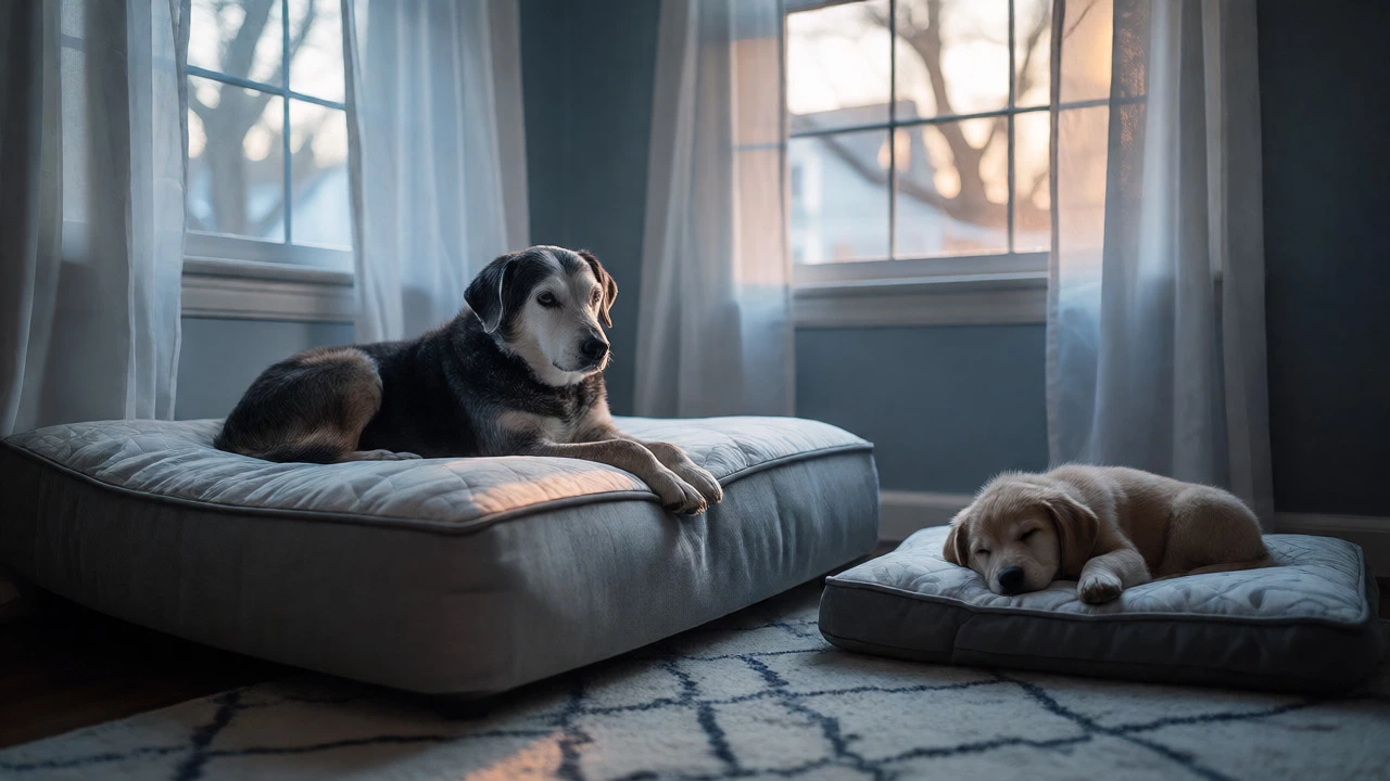Senior dog and puppy resting on separate beds in cool room