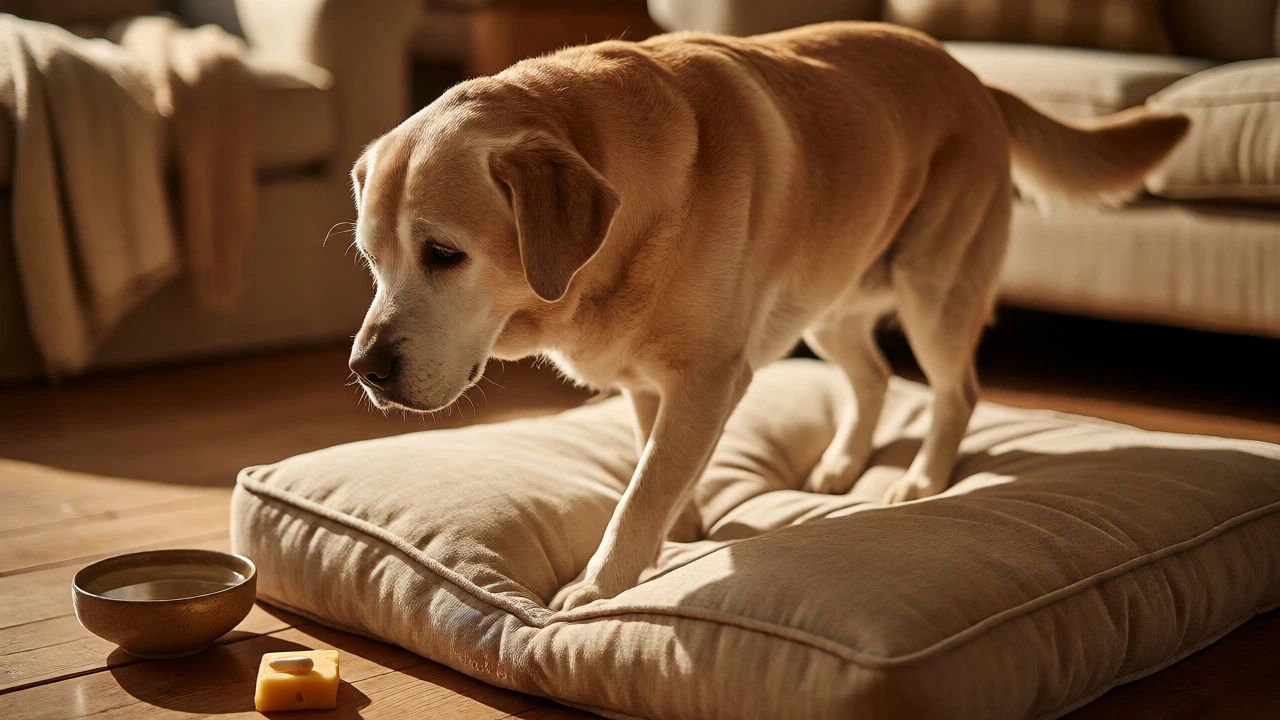 Senior Labrador resting comfortably on an orthopedic bed after a walk